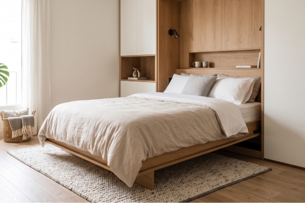 Cama abatible desplegada con el edredón ajustable en su sitio