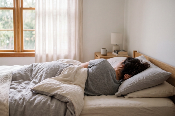 Persona durmiendo de lado, una de las posturas que influye en la firmeza recomendada