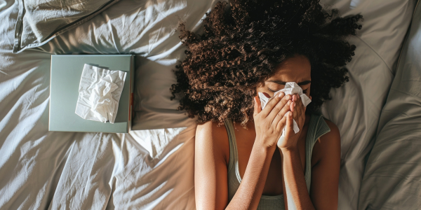 Mujer sonándose la nariz en la cama por síntomas de alergia nocturna a ácaros del polvo